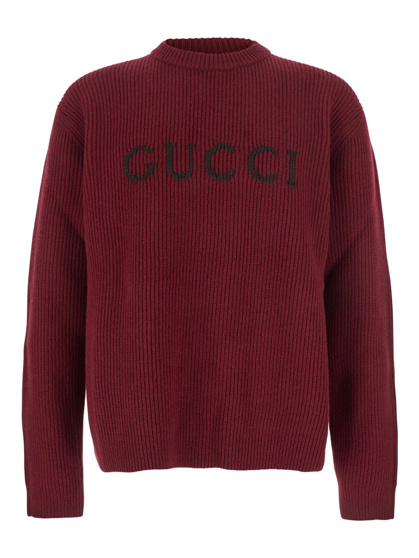 Bordeaux Crewneck Sweater with Logo Lettering Embroidery on the Front in Wool Man