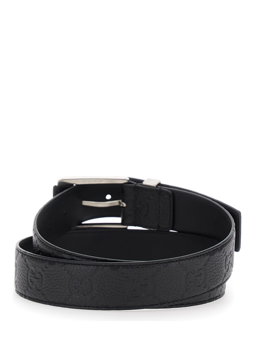 Black Belt with Square Buckle and All-Over Embossed GG Logo in Grained Leather Man