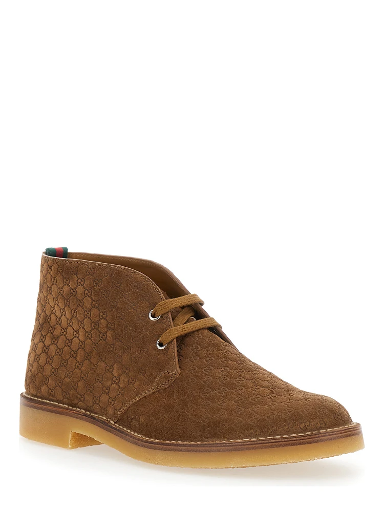 Brown Ankle Boots with Web Detail on the Heel and Low Heel in GG Suede Man alternative