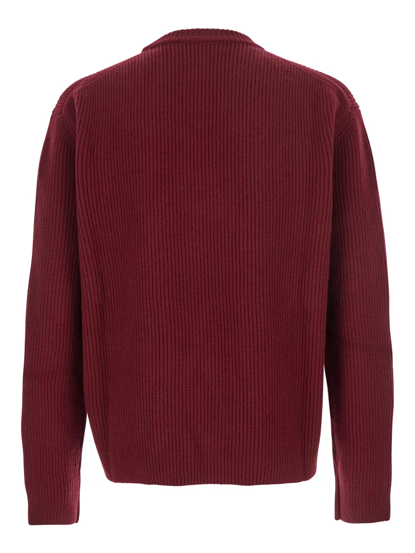 Bordeaux Crewneck Sweater with Logo Lettering Embroidery on the Front in Wool Man