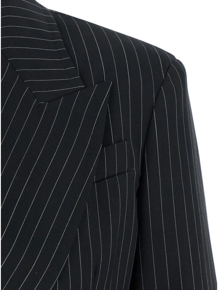 Mattia Black Double-Breasted Jacket with Peak Revers and All-Over Striped Motif in Wool Woman alternative