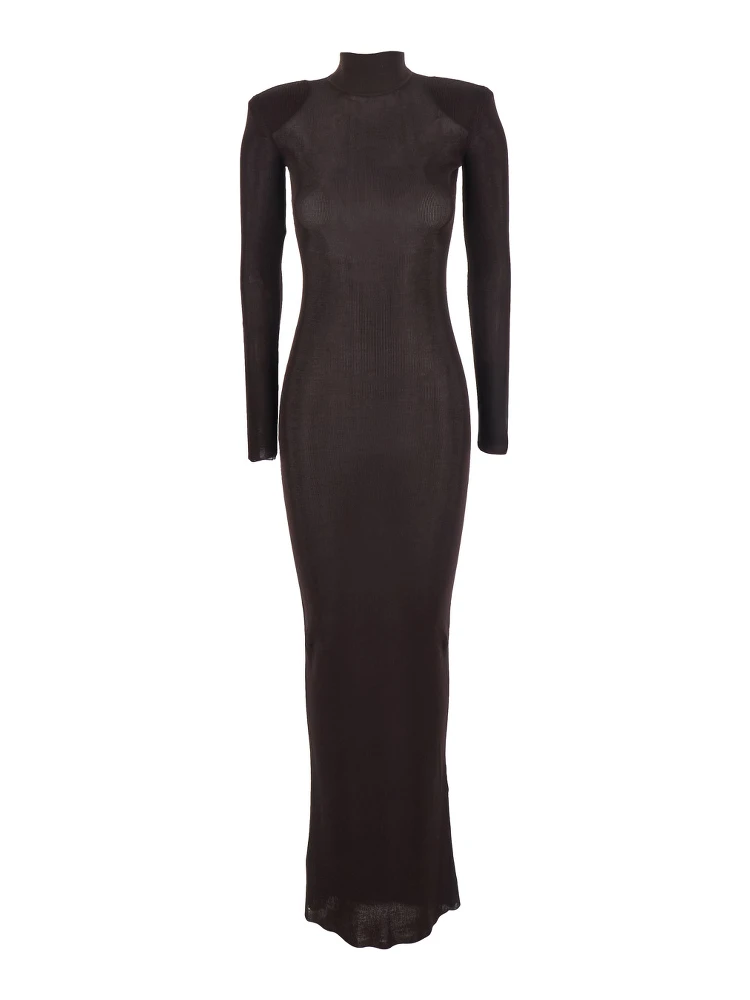 Brown Turtleneck Long Dress with Shoulder Pads in Viscose Woman