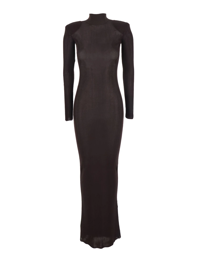 Brown Turtleneck Long Dress with Shoulder Pads in Viscose Woman