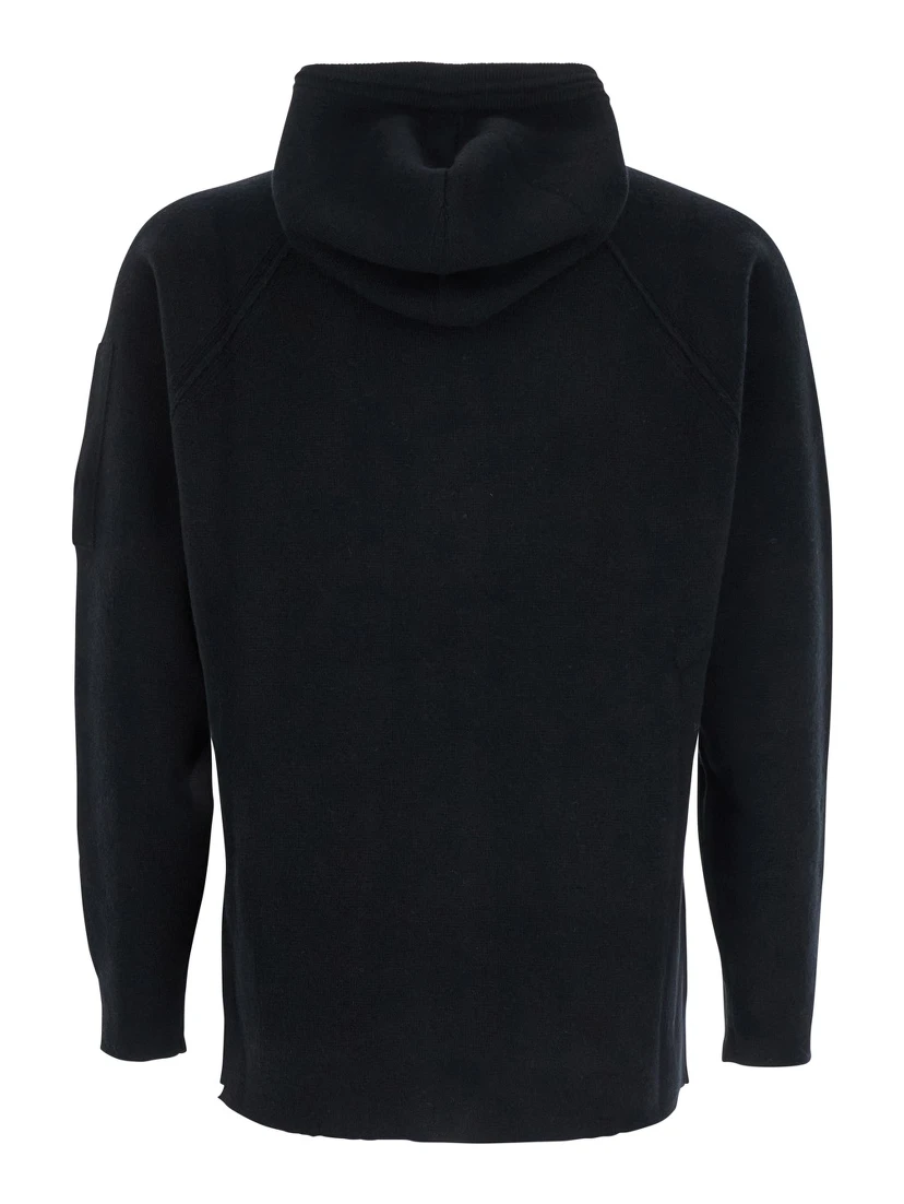 Black Cardigan with Drawstring Hood and Logo Plaque on the Sleeve in Wool Blend Man