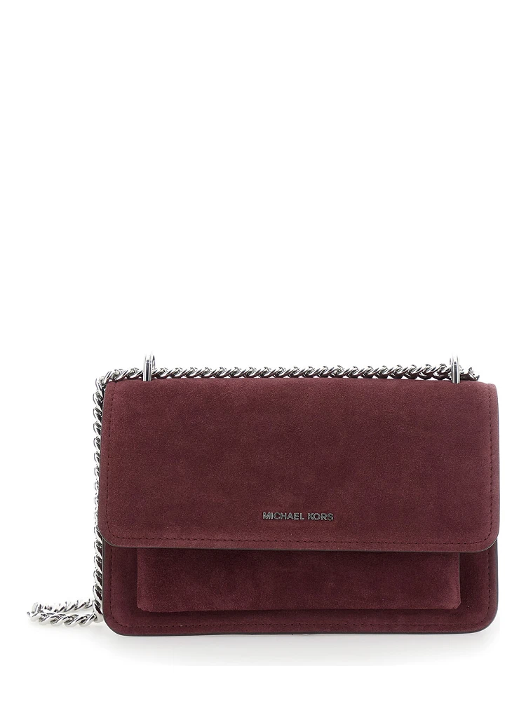 Bordeaux Shoulder Bag with Chain Strap and Front Logo in Suede Woman