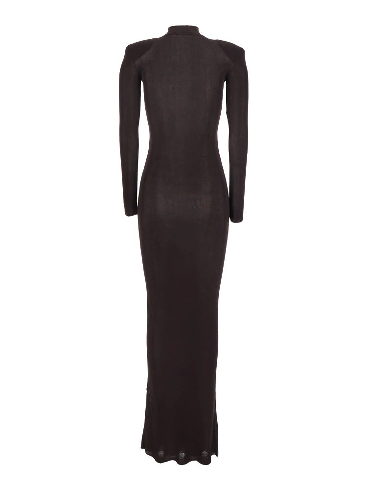 Brown Turtleneck Long Dress with Shoulder Pads in Viscose Woman alternative