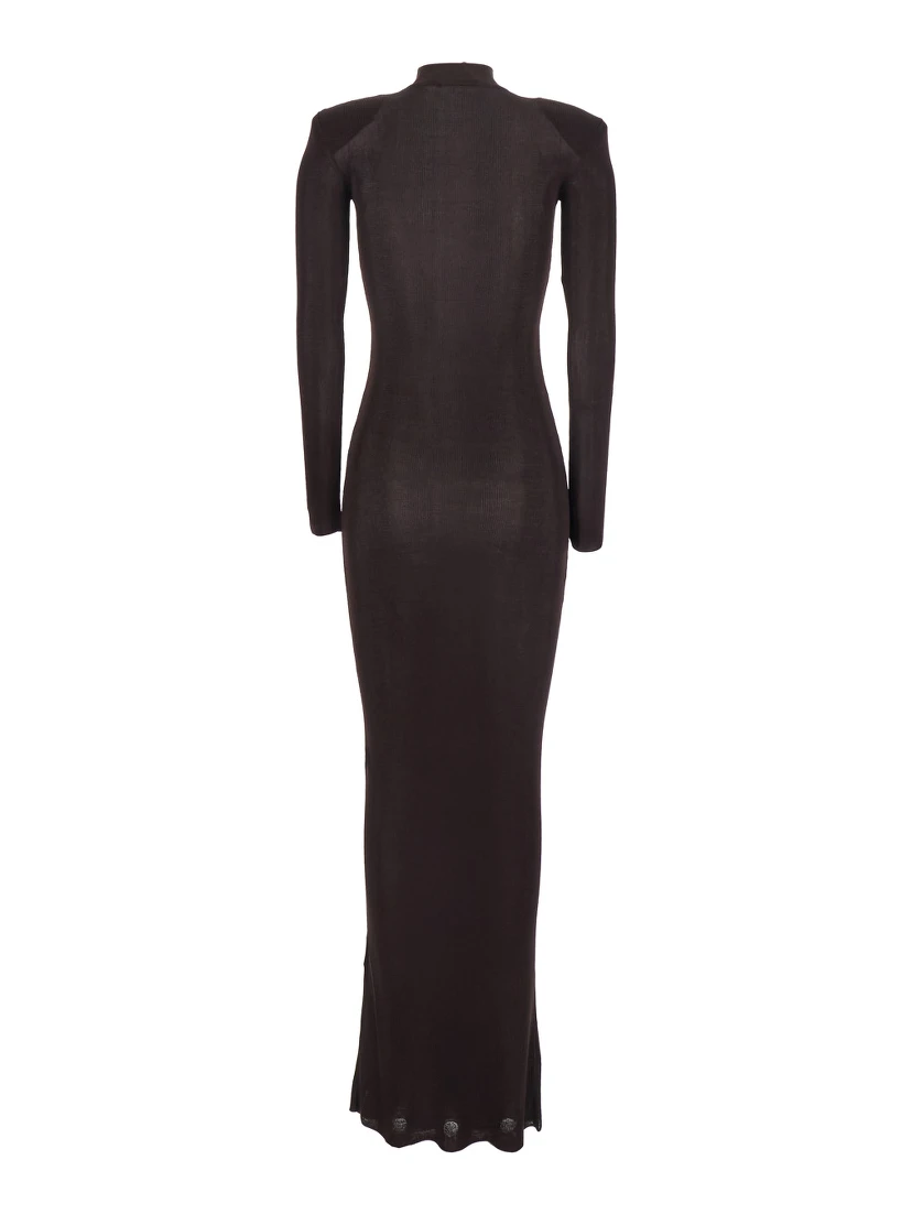 Brown Turtleneck Long Dress with Shoulder Pads in Viscose Woman