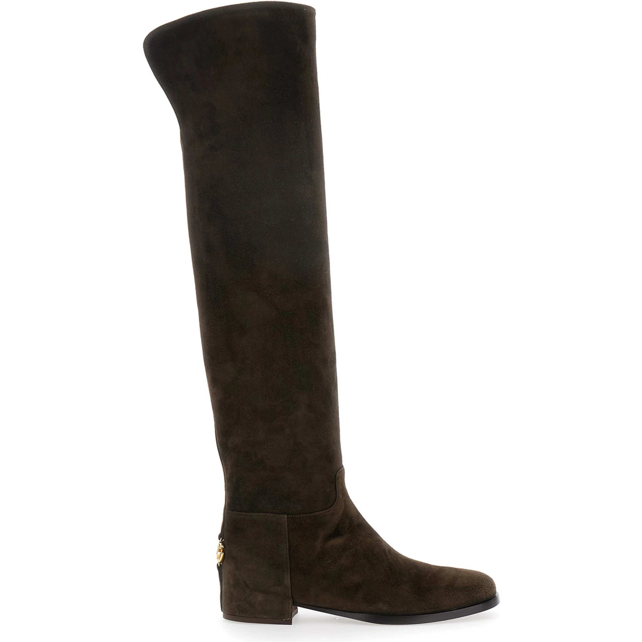 Brown Knee-High Boots with Back Logo Plaque in Suede Woman