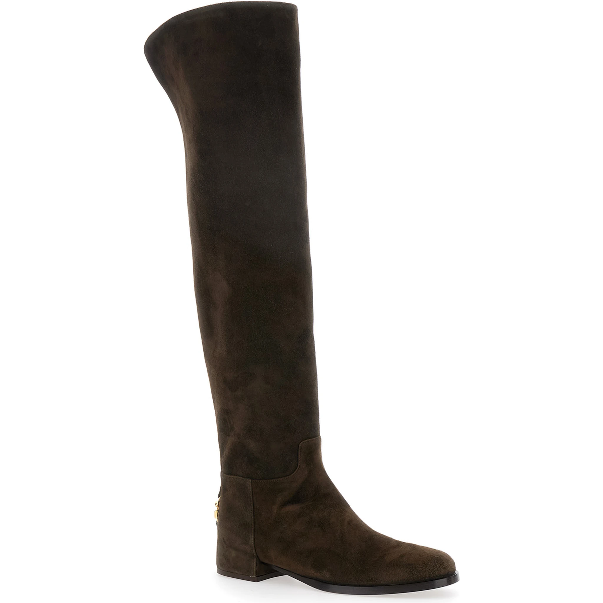 Brown Knee-High Boots with Back Logo Plaque in Suede Woman