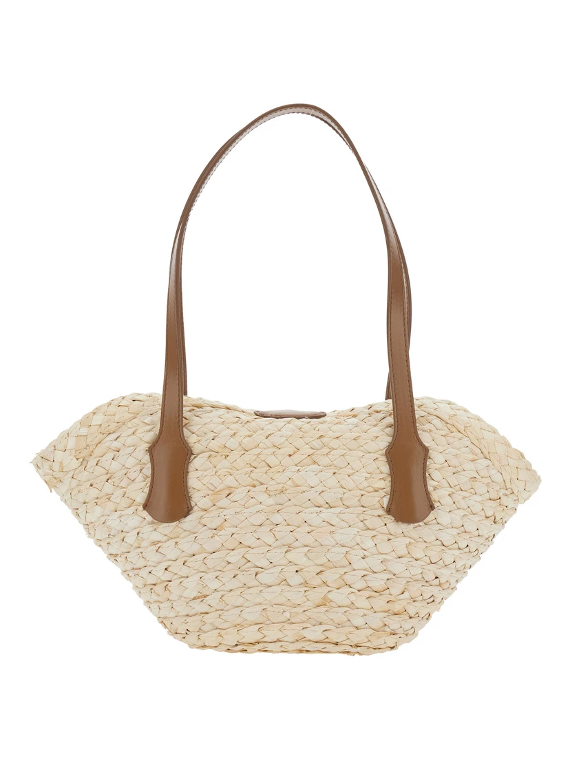 Beige Shoulder Bag with Two Top Handles and Interwoven Design in Raffia Woman