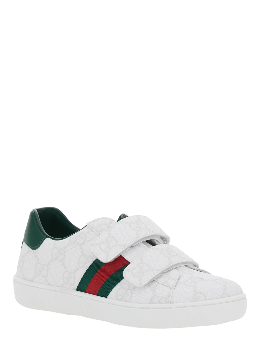 Plastic White Low Top Sneakers with Web Detail on the Side in GG Canvas Boy