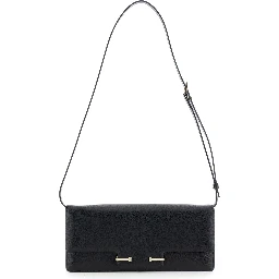 Black Crossbody Bag with Adjustable Shoulder Strap and T Plaque Closure in Grained Leather Woman