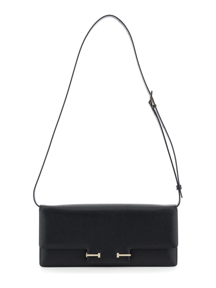 Black Crossbody Bag with Adjustable Shoulder Strap and T Plaque Closure in Grained Leather Woman