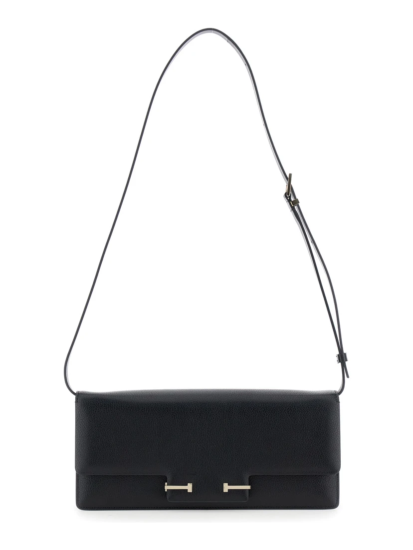 Black Crossbody Bag with Adjustable Shoulder Strap and T Plaque Closure in Grained Leather Woman