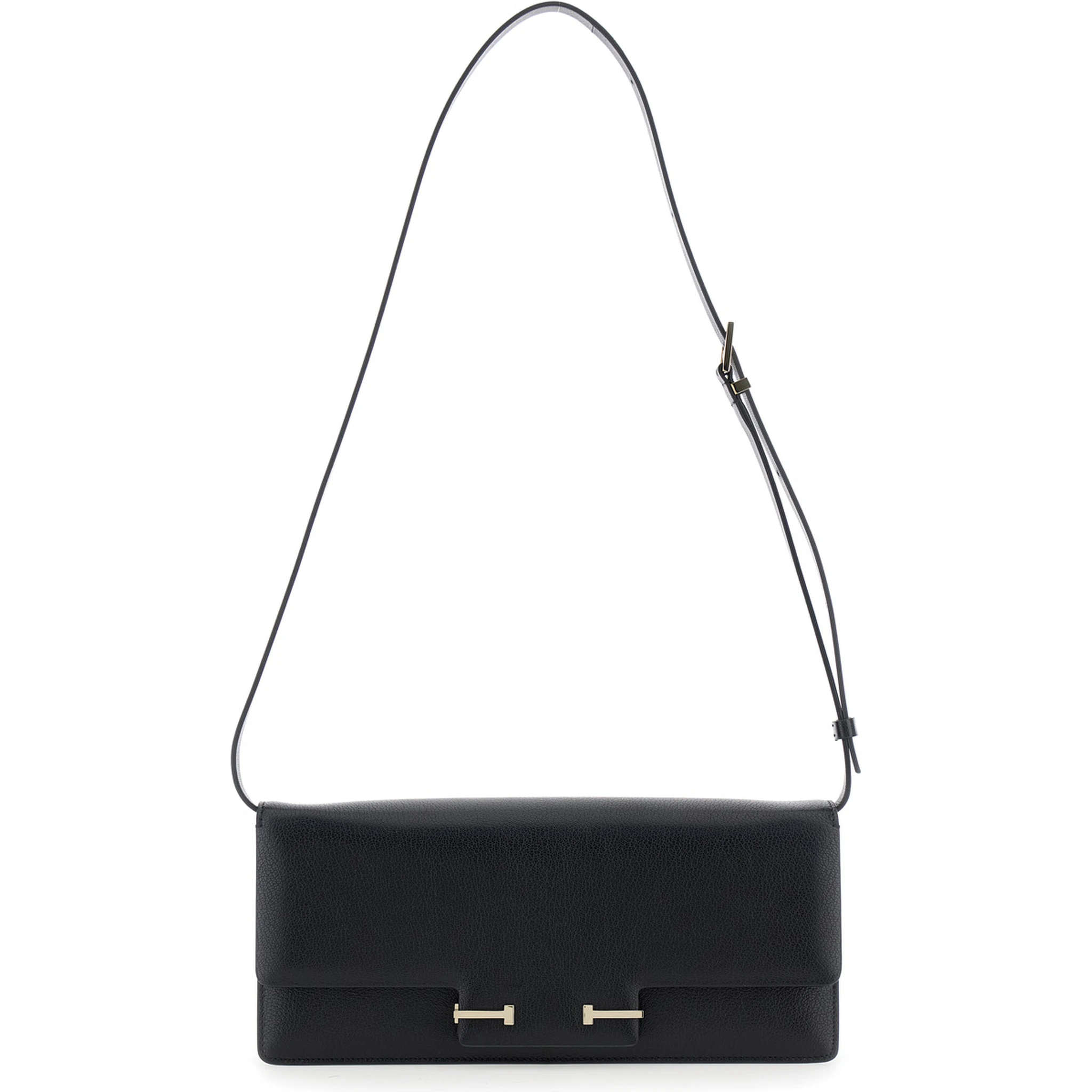 Black Crossbody Bag with Adjustable Shoulder Strap and T Plaque Closure in Grained Leather Woman