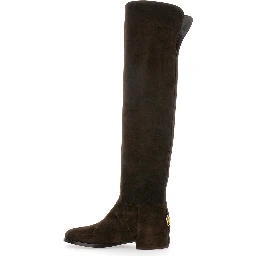 Brown Knee-High Boots with Back Logo Plaque in Suede Woman
