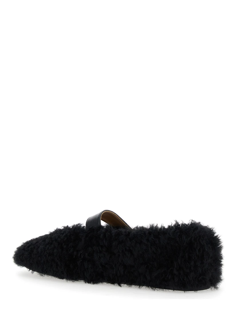 Black Ballerinas with Shearling Design and Buckle in Leather Woman