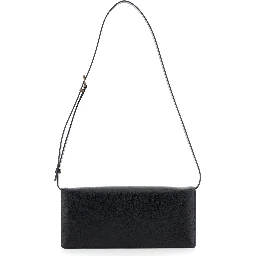 Black Crossbody Bag with Adjustable Shoulder Strap and T Plaque Closure in Grained Leather Woman