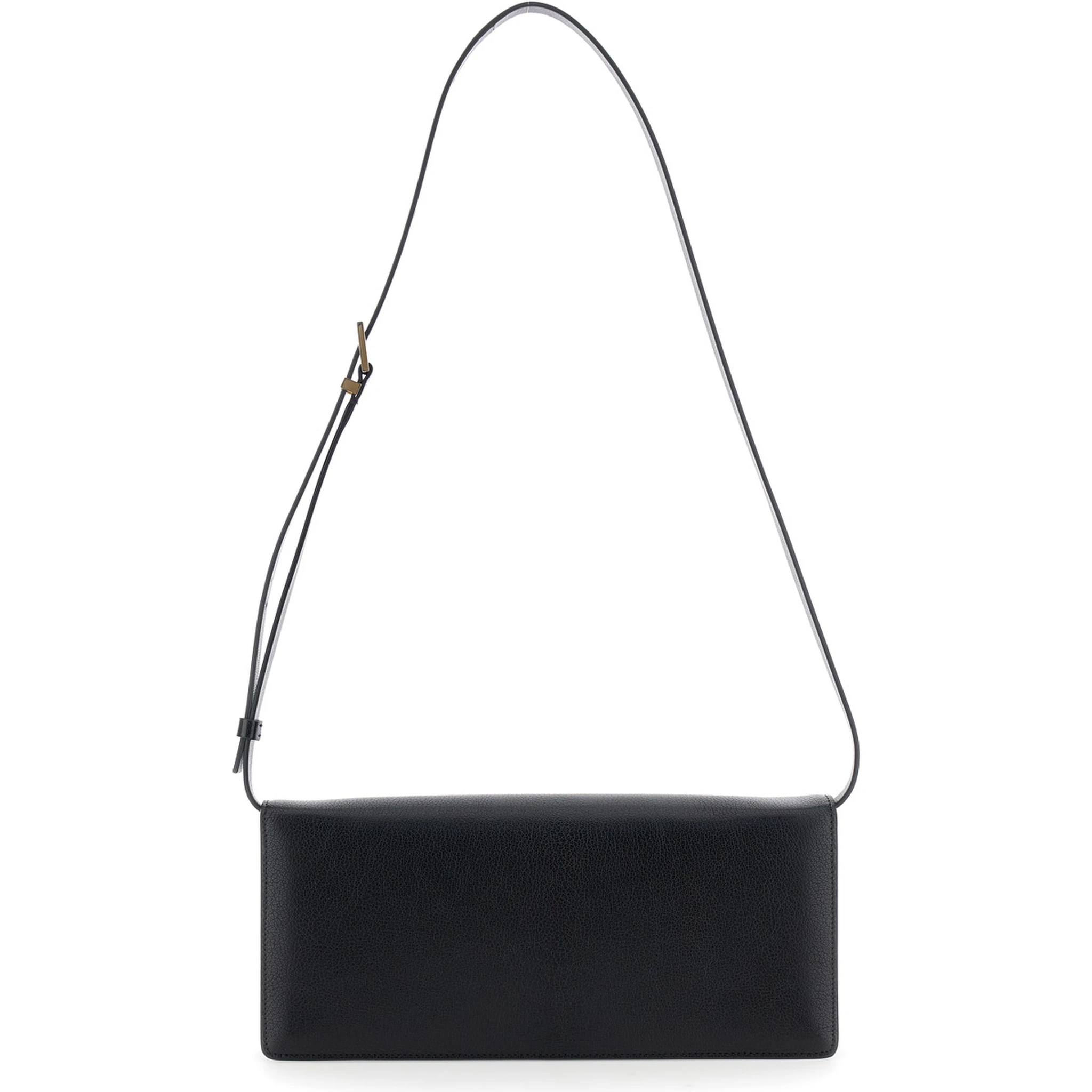 Black Crossbody Bag with Adjustable Shoulder Strap and T Plaque Closure in Grained Leather Woman