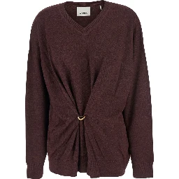 Bordeaux V-Neck Sweater with Ring Detail at the Waist in Fabric Woman