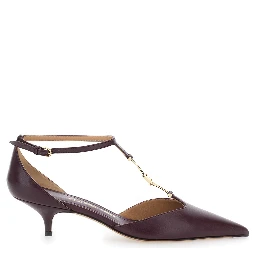 Bordeaux Pumps with T Strap and Low Heel in Leather Woman