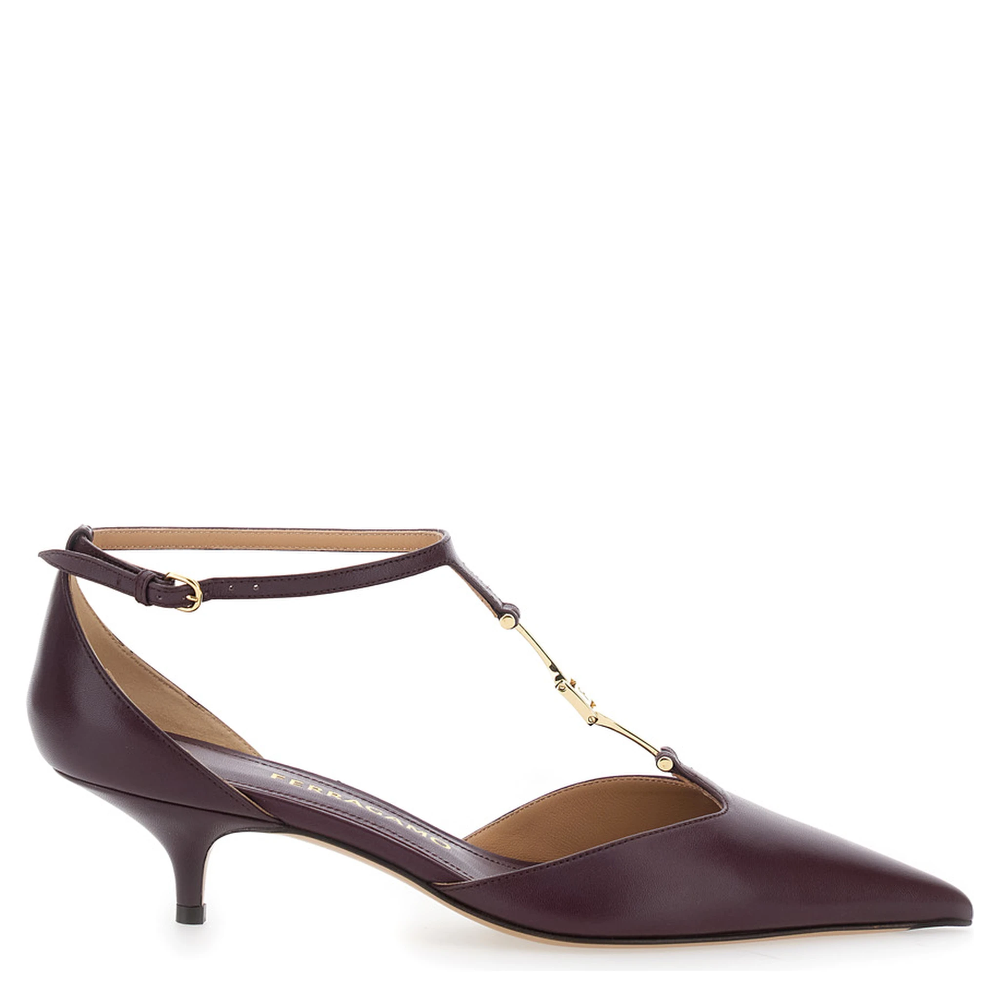 Bordeaux Pumps with T Strap and Low Heel in Leather Woman