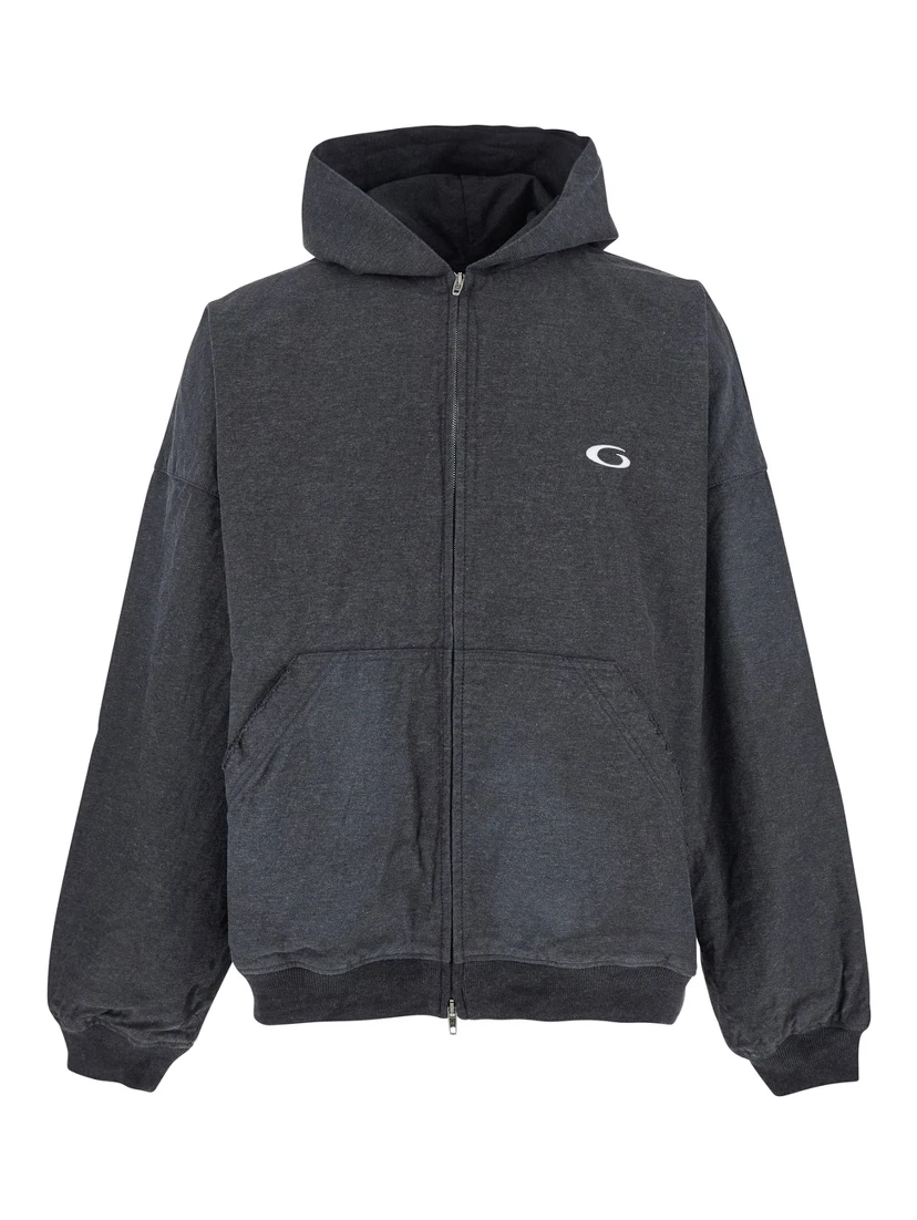 Grey Sweatshirt with Fixed Hood and Logo Detail on the Front in Cotton Man