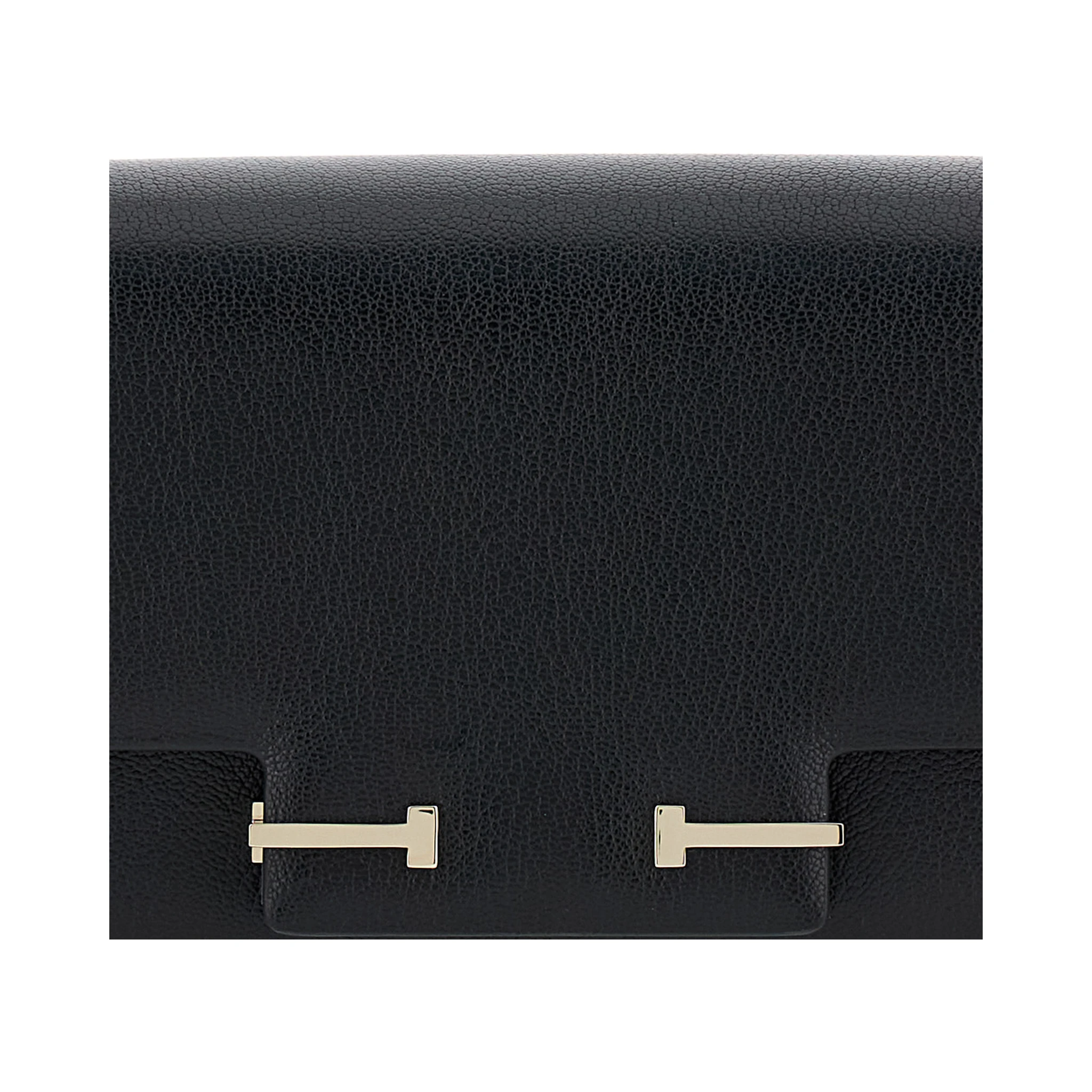 Black Crossbody Bag with Adjustable Shoulder Strap and T Plaque Closure in Grained Leather Woman