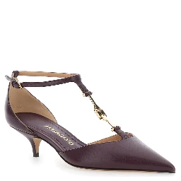 Bordeaux Pumps with T Strap and Low Heel in Leather Woman