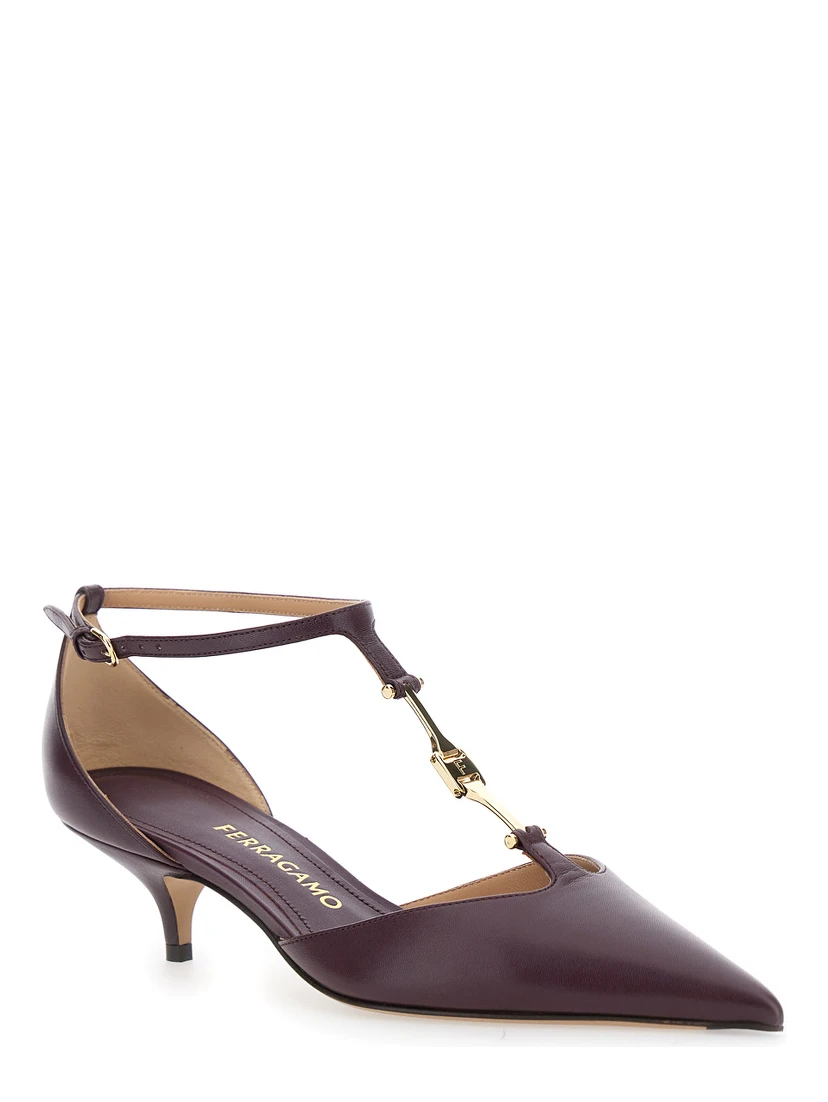 Bordeaux Pumps with T Strap and Low Heel in Leather Woman