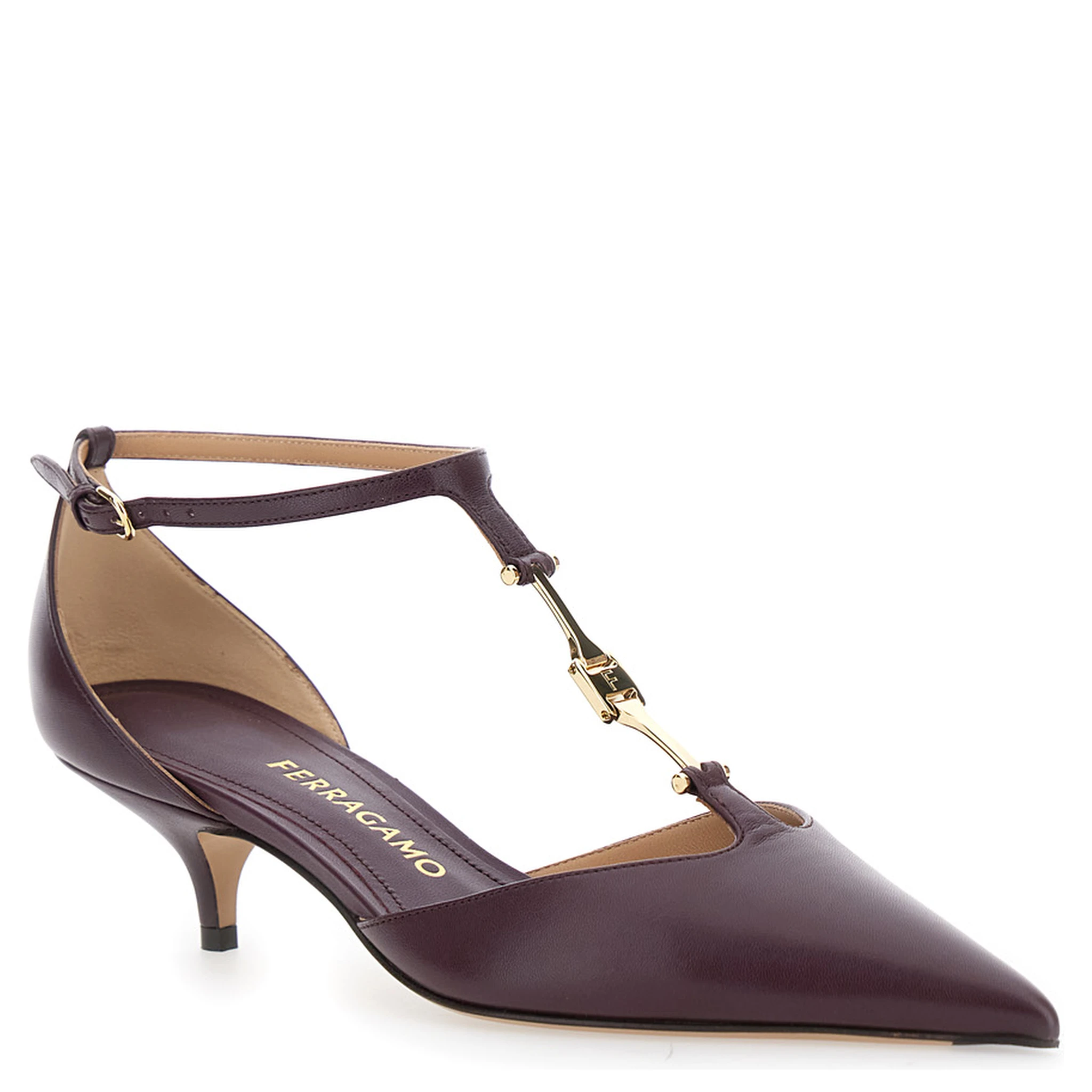 Bordeaux Pumps with T Strap and Low Heel in Leather Woman