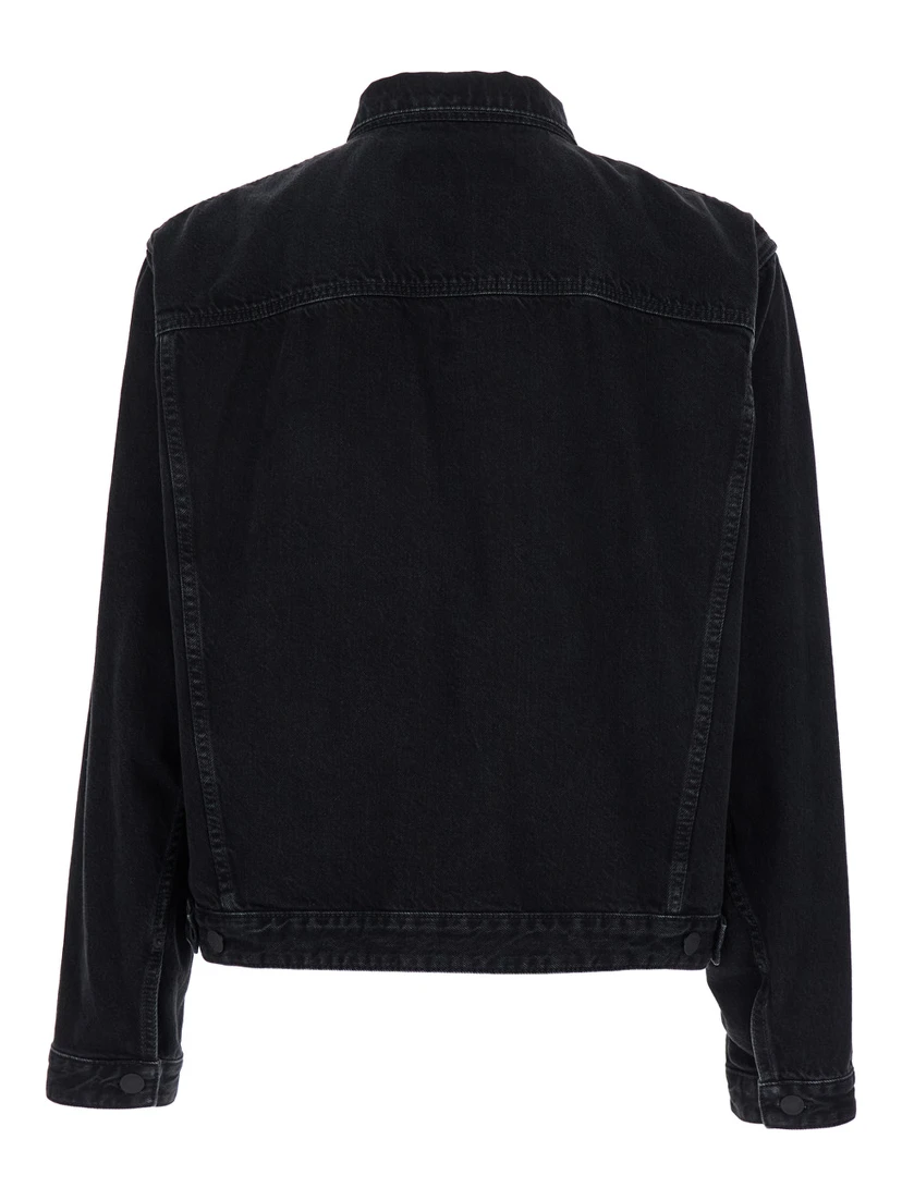 Black Jacket with Classic Collar and Embossed Logo on the Front in Denim Man