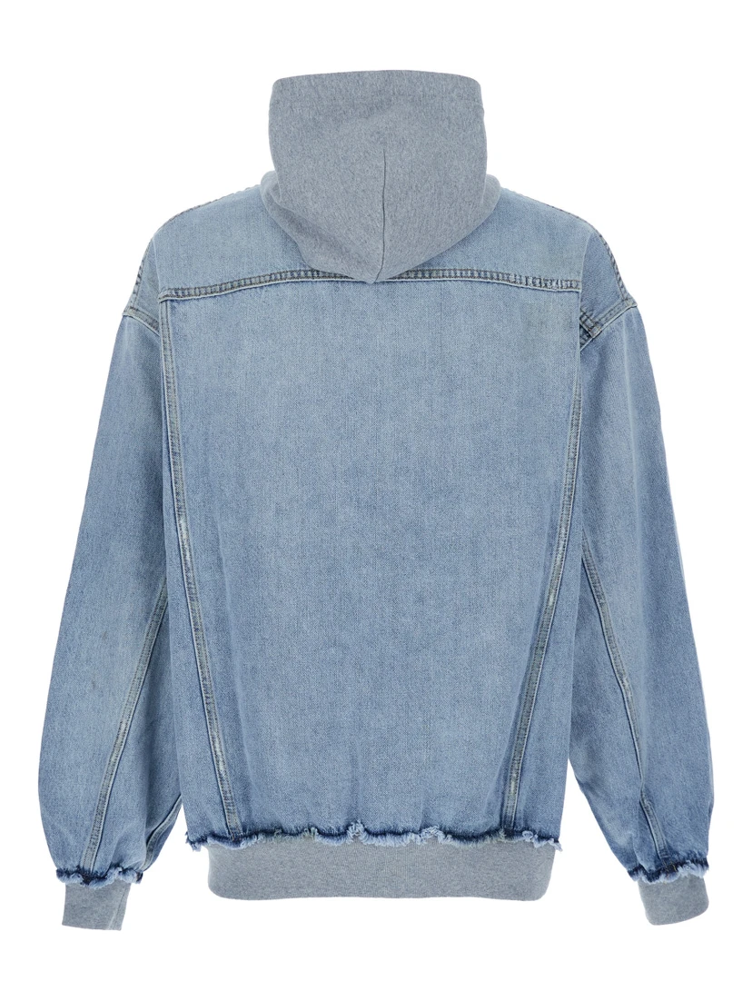 Light Blue Jacket with Fixed Hood and Maxi Logo Lettering on the Sleeve in Denim Man
