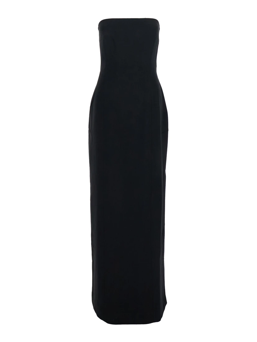 Anderson Black Long Dress with Bare Shoulder and Back Slit in Twill Woman