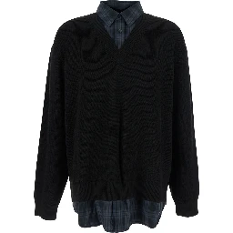 Black Sweater with Layered Design and Classic Collar in Cotton and Wool Blend Man