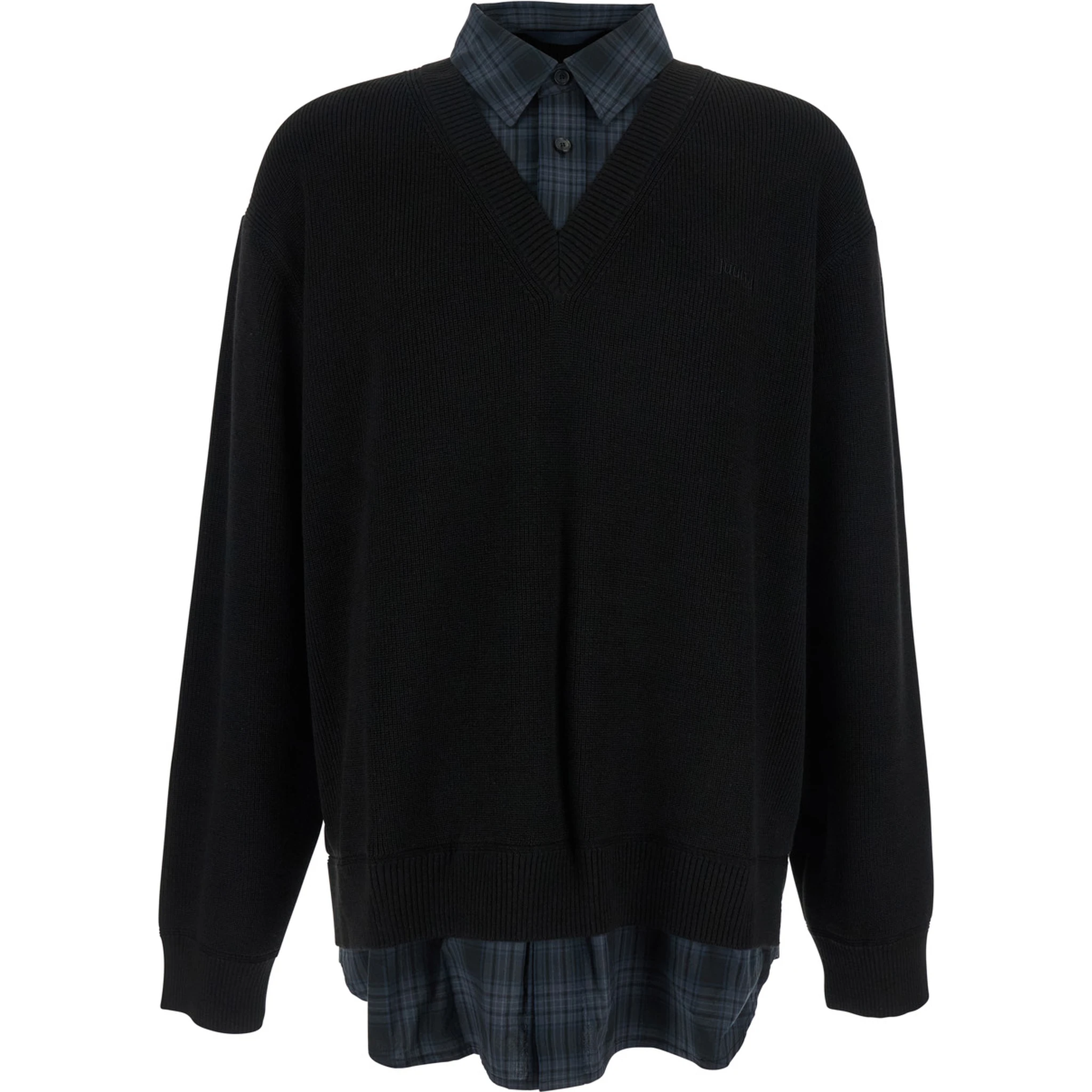 Black Sweater with Layered Design and Classic Collar in Cotton and Wool Blend Man