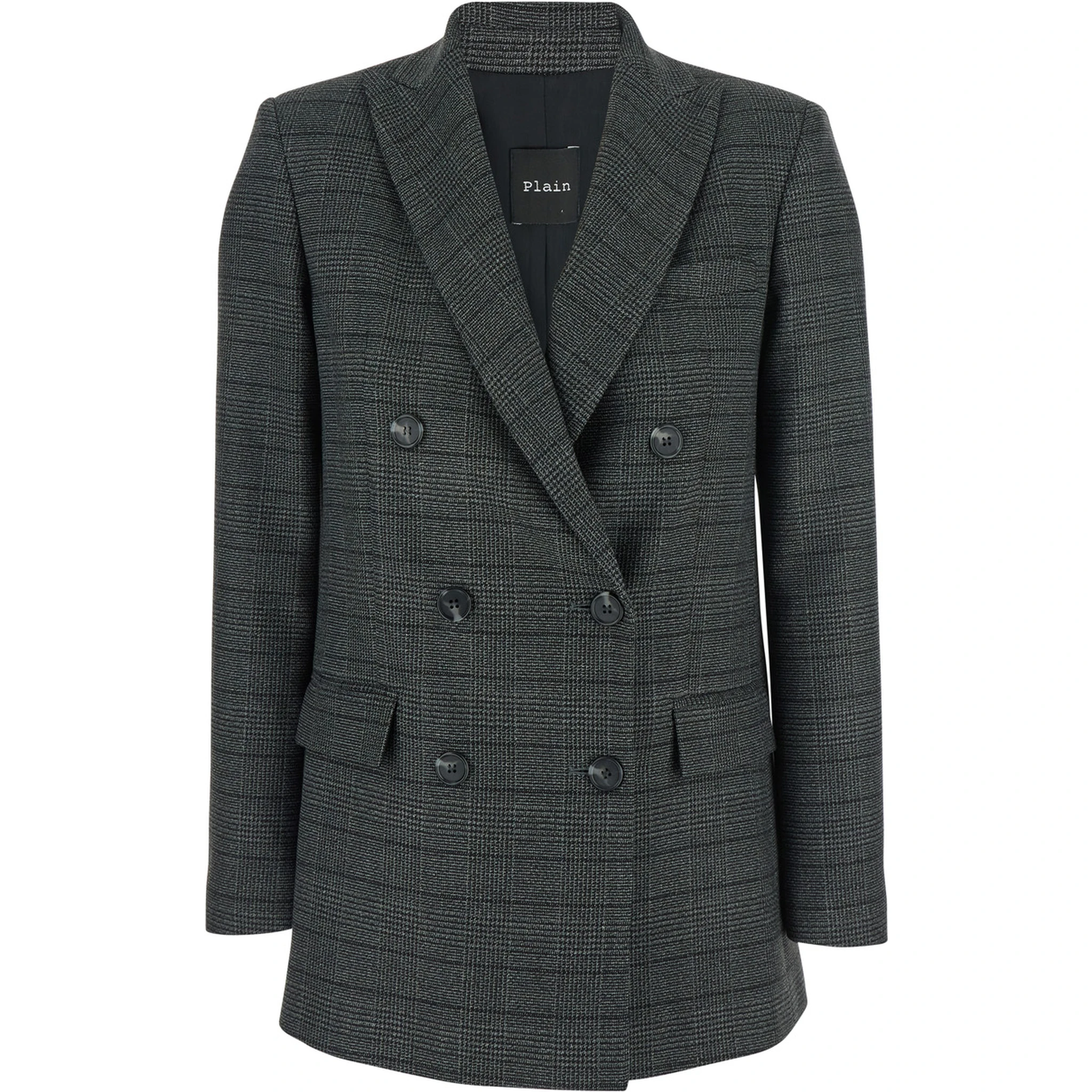 Grey Double-Breasted Jacket with Peak Revers and All-Over Striped Motif in Wool Woman