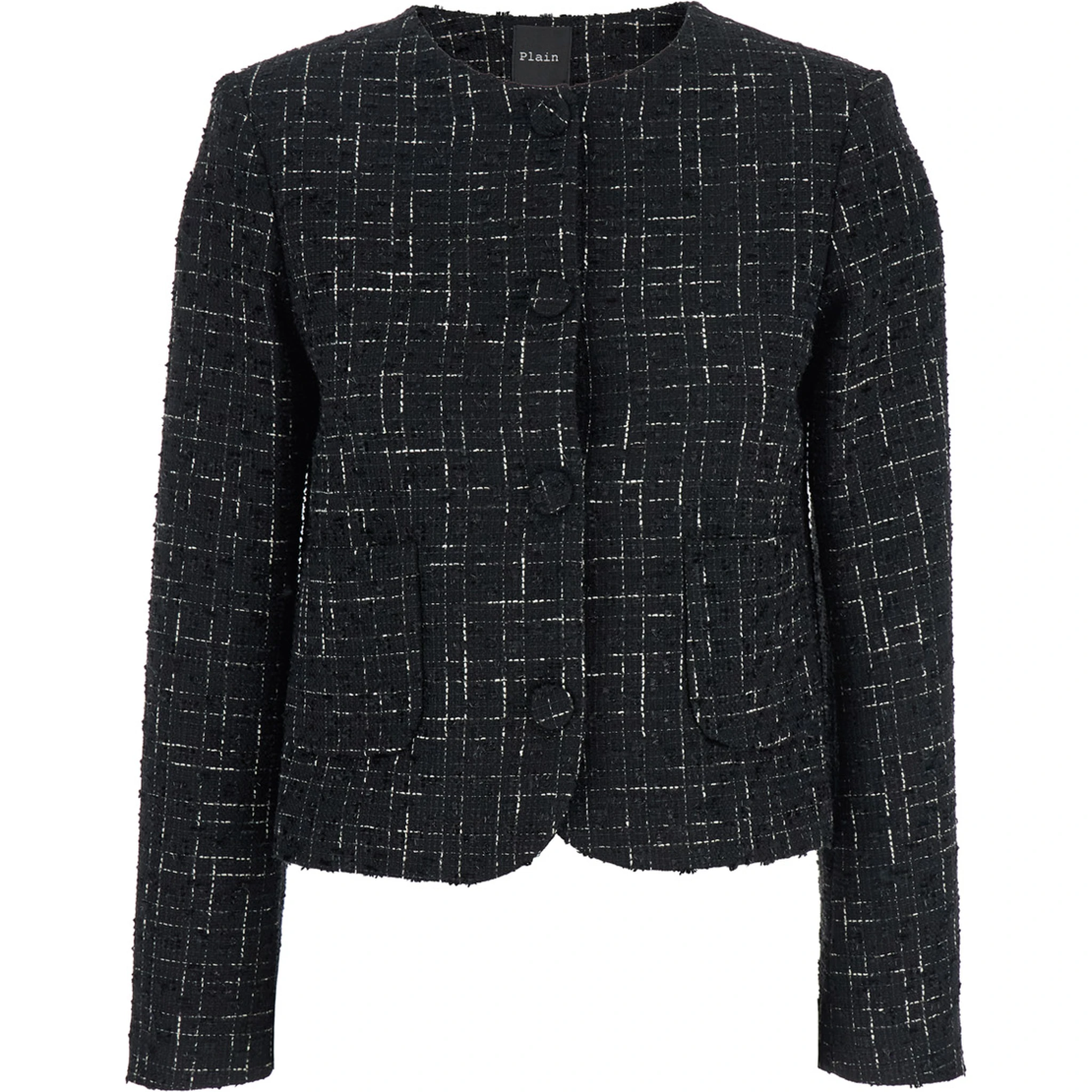 Black Jacket with Round Neck and Front Button Closure in Tweed Woman