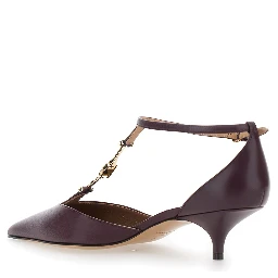 Bordeaux Pumps with T Strap and Low Heel in Leather Woman