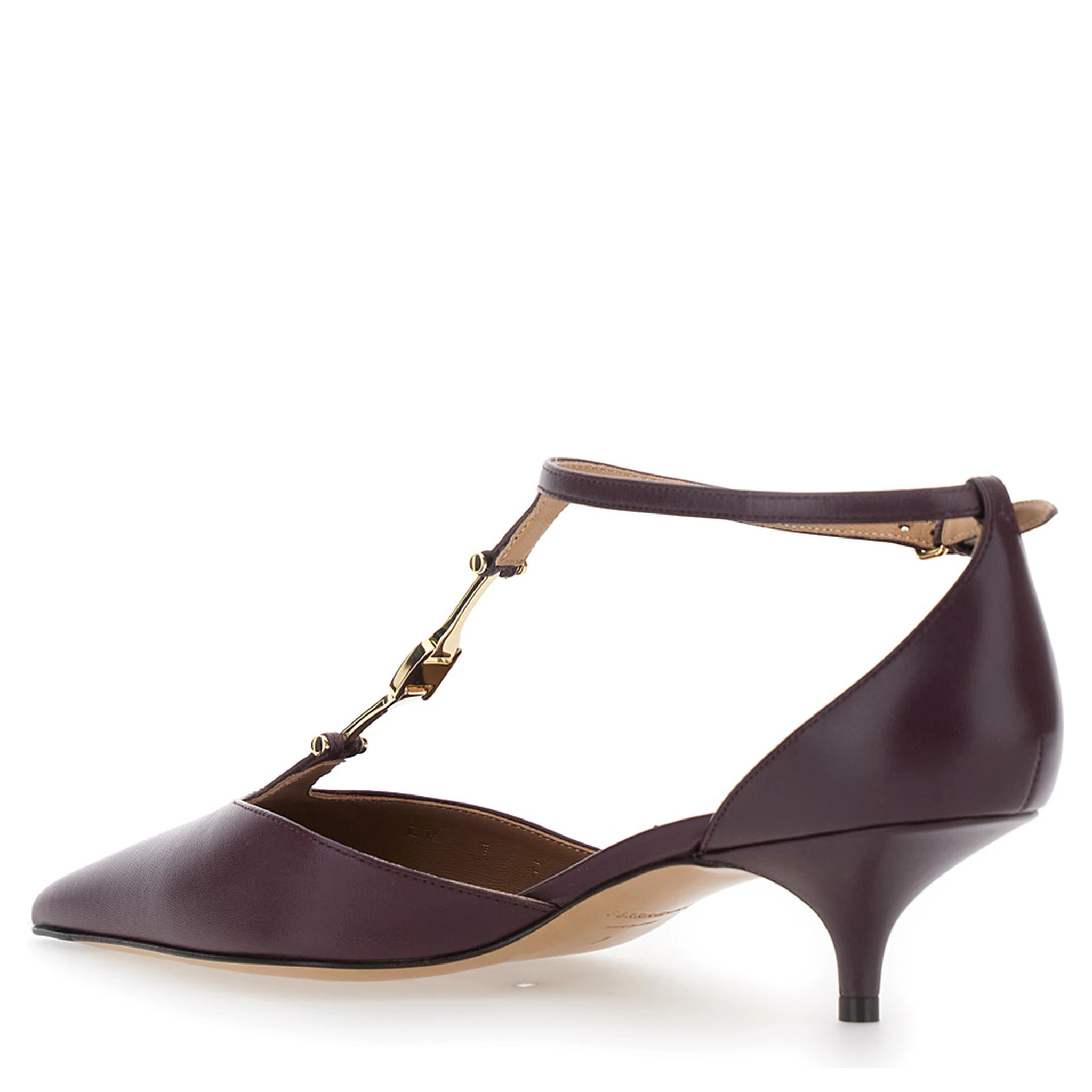Bordeaux Pumps with T Strap and Low Heel in Leather Woman