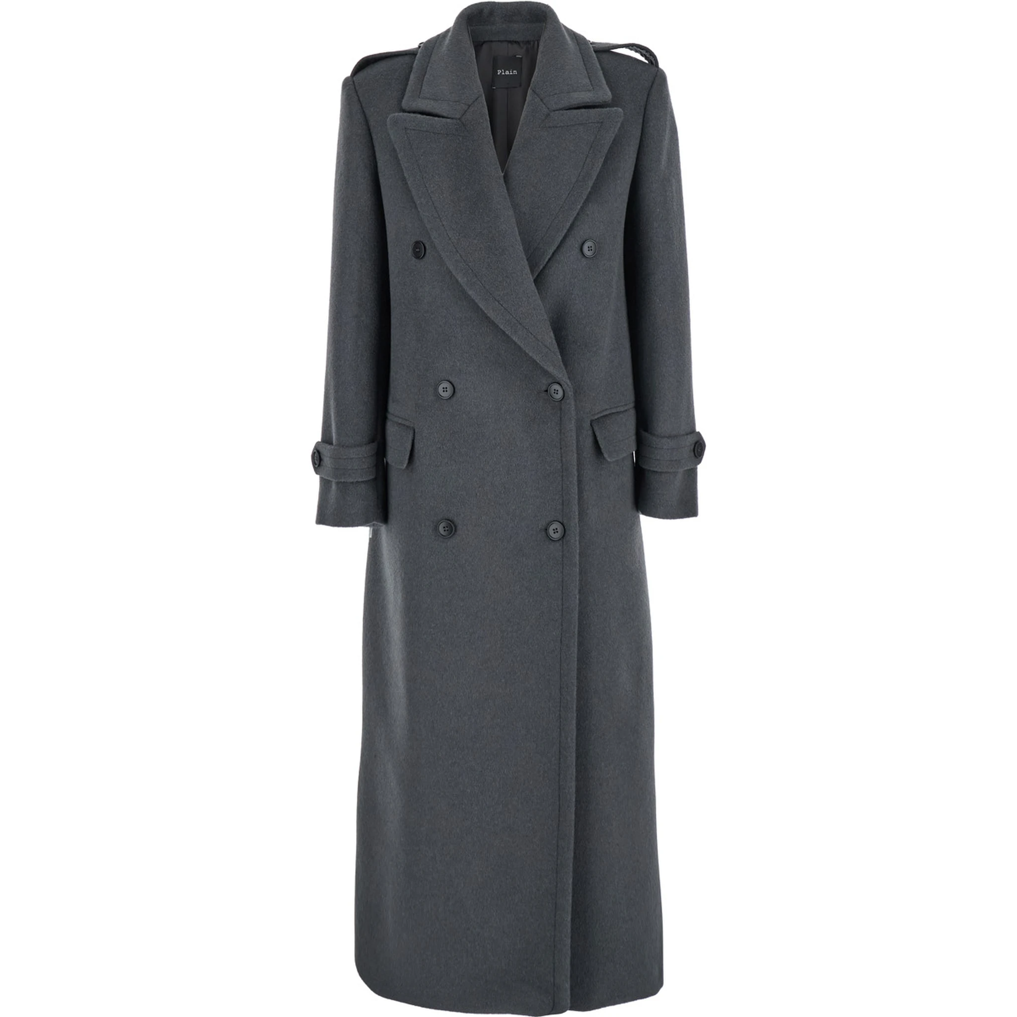 Grey Double-Breasted Coat with Wide Notched Revers in Wool Woman