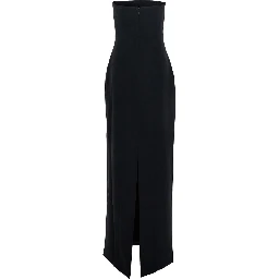 Anderson Black Long Dress with Bare Shoulder and Back Slit in Twill Woman
