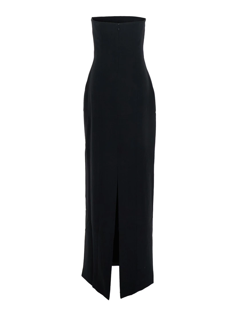 Anderson Black Long Dress with Bare Shoulder and Back Slit in Twill Woman