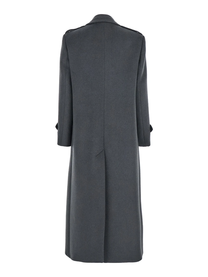 Grey Double-Breasted Coat with Wide Notched Revers in Wool Woman