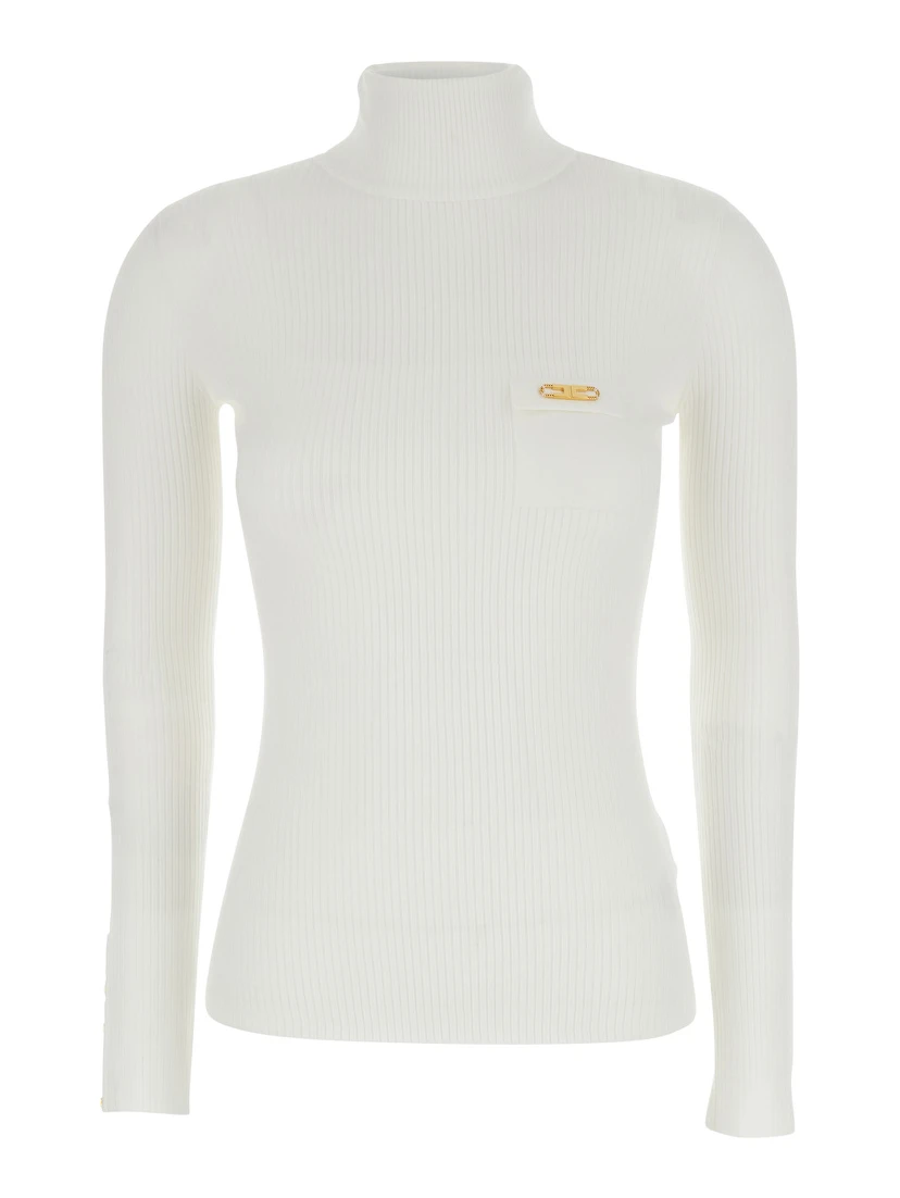 White Turtleneck Sweater with Logo Plaque on the Front in Silk Blend Woman