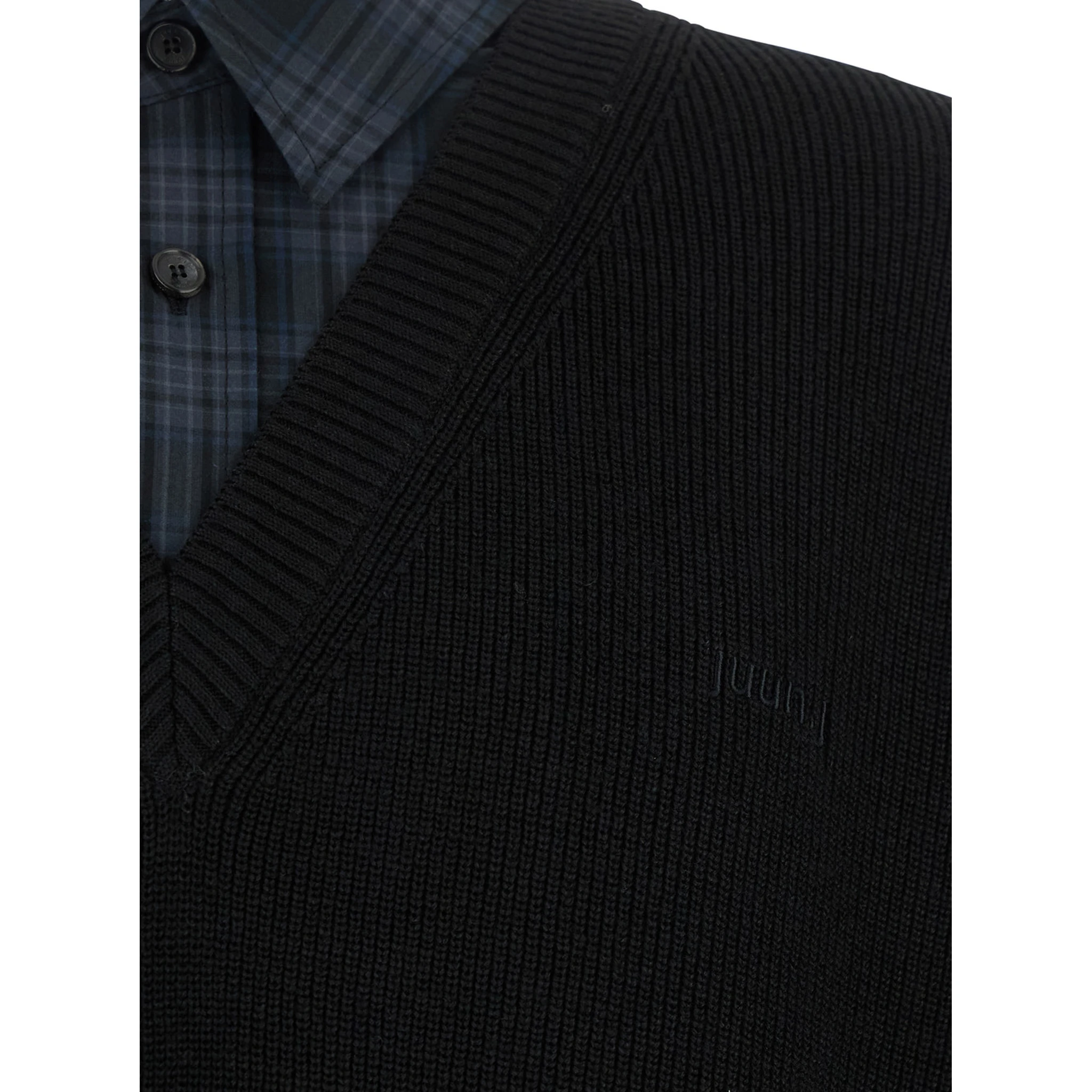 Black Sweater with Layered Design and Classic Collar in Cotton and Wool Blend Man