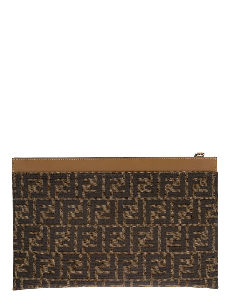 Brown Clutch with All-Over FF Motif in Fabric and Leather Man