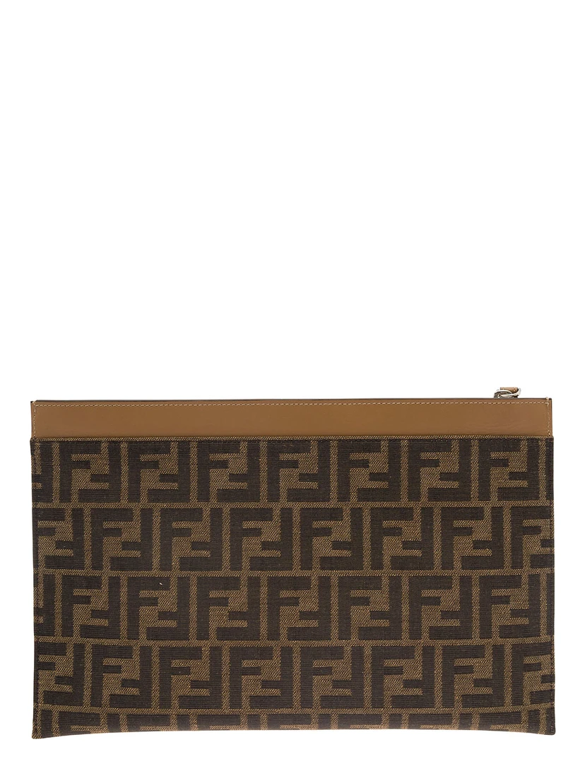Brown Clutch with All-Over FF Motif in Fabric and Leather Man