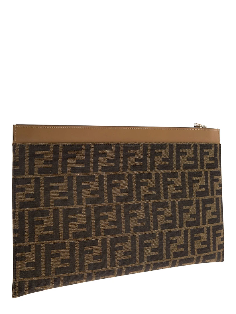 Brown Clutch with All-Over FF Motif in Fabric and Leather Man