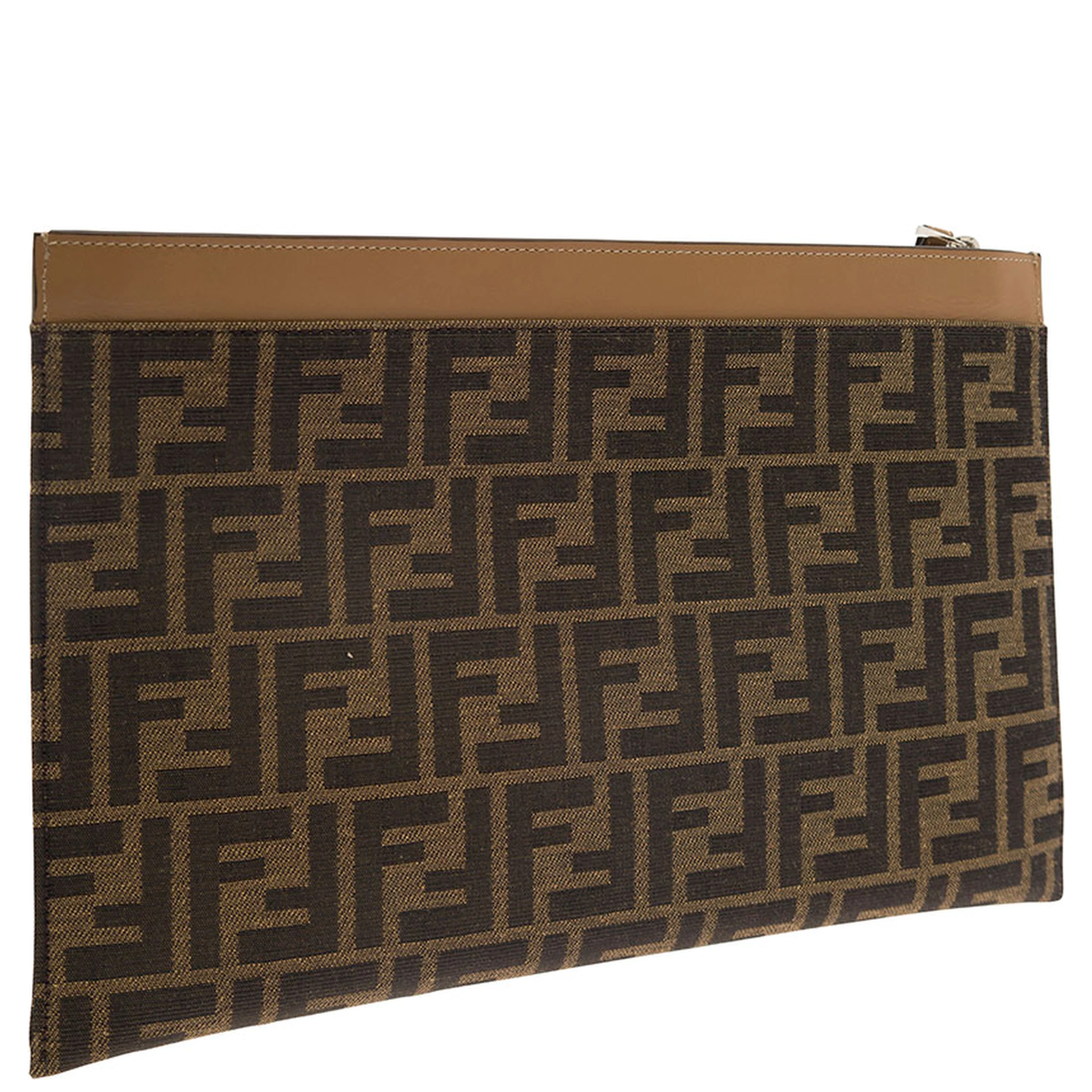 Brown Clutch with All-Over FF Motif in Fabric and Leather Man